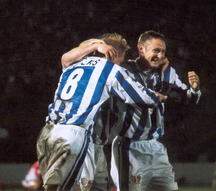 Oatway, Rogers and Carpenter celebrate Chesterfield game 01 may 2001