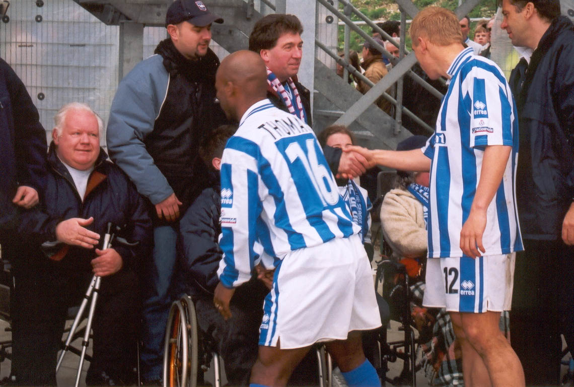 Thomas and carpenter with disabled fans Darlington game 16 April 2001