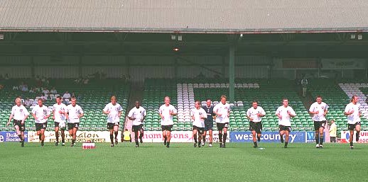 The team warm up, Plymouth Argyle game 05 September 1999