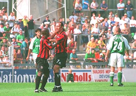 Mickey Thomas and Darren Freeman Celebrate, Plymouth Argyle game 05 September 1999