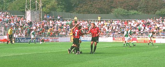 Mickey Thomas and Darren Freeman Celebrate, Plymouth Argyle game 05 September 1999