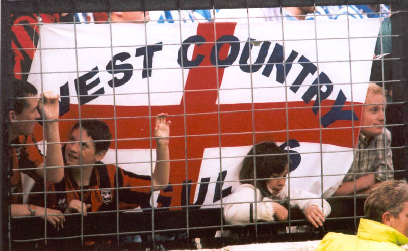 Young seagulls in fromt of West country flag Shrewsbury game 05 may 2001